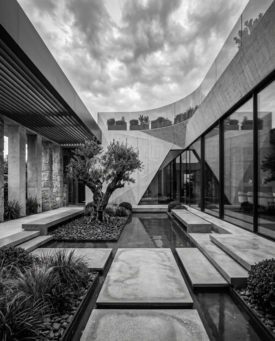Detalle arquitectónico de NORDEN en blanco y negro