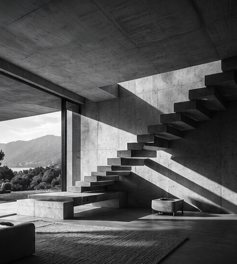 Interior arquitectónico con escalera escultórica
